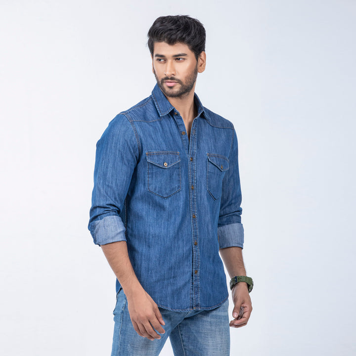 Mens Premium Denim Shirt - Deep Blue