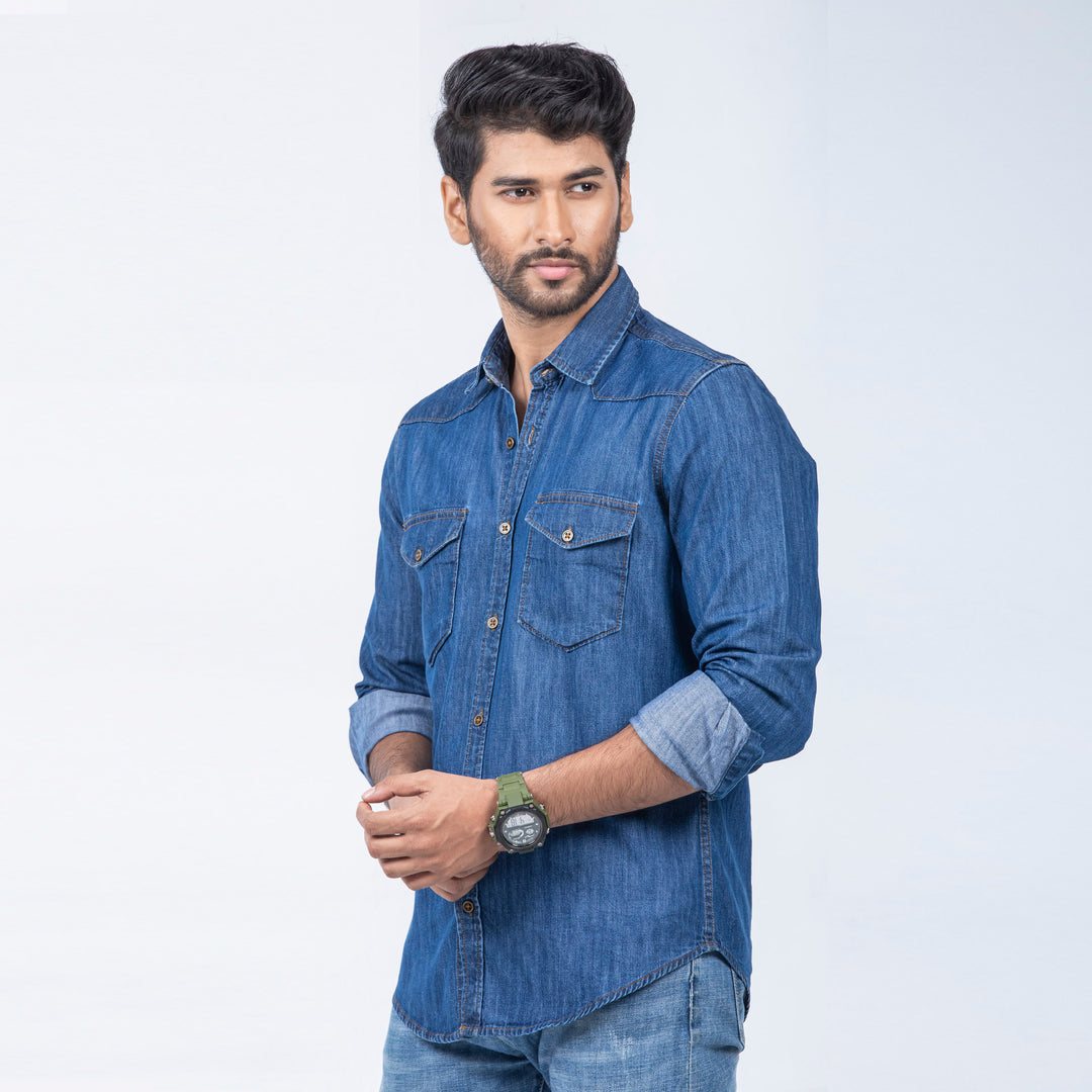 Mens Premium Denim Shirt - Deep Blue