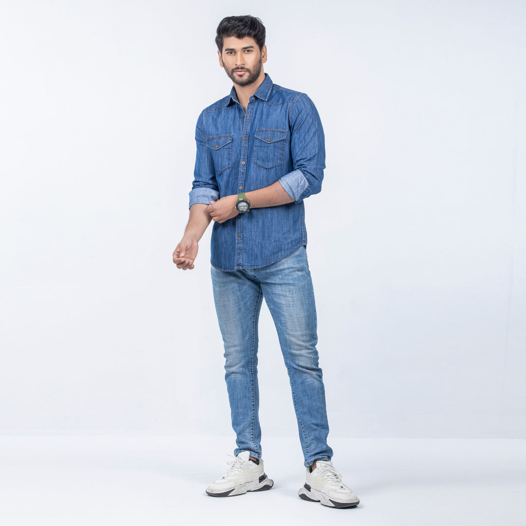 Mens Premium Denim Shirt - Deep Blue