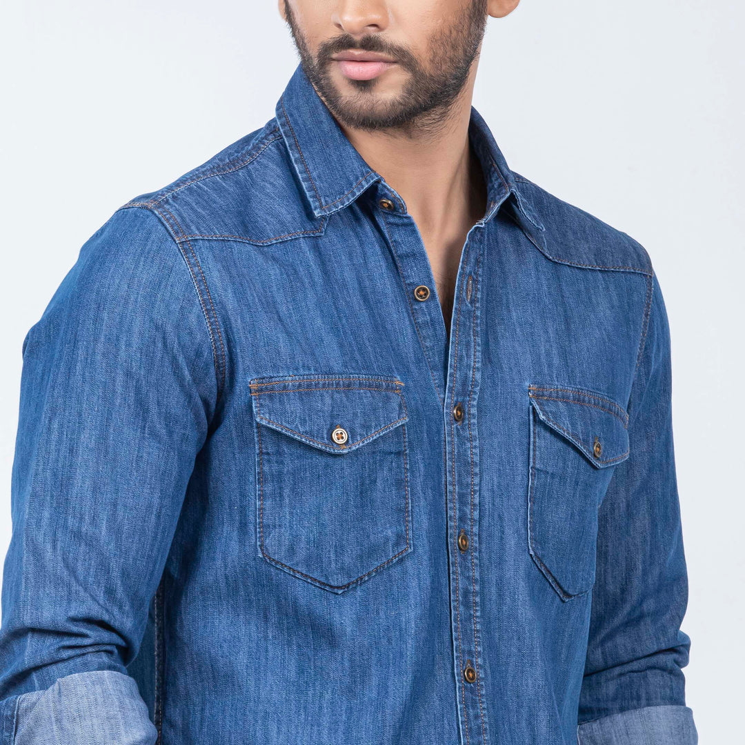 Mens Premium Denim Shirt - Deep Blue